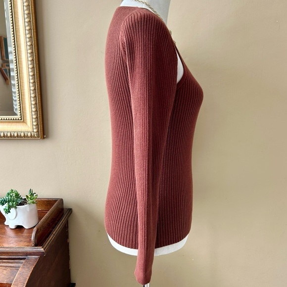 by Anthropologie Brown Ribbed Double Cut Out Knit Sweater Cinnamon Size M - Picture 10 of 15